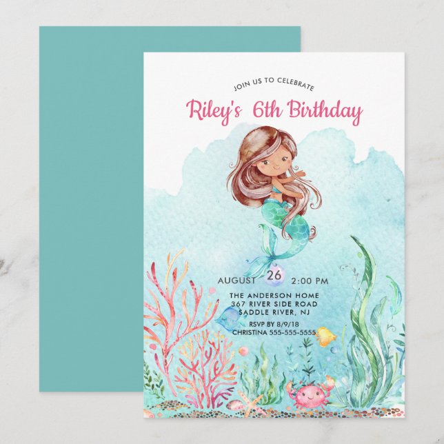Cute Under the Sea Mermaid Birthday Invitation (Front/Back)