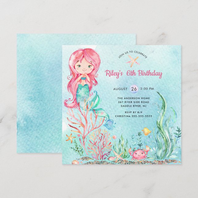 Cute Under the Sea Mermaid Birthday Invitation (Front/Back)