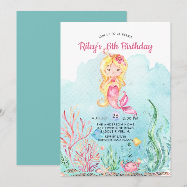 Cute Under the Sea Mermaid Birthday Invitation (Front/Back)