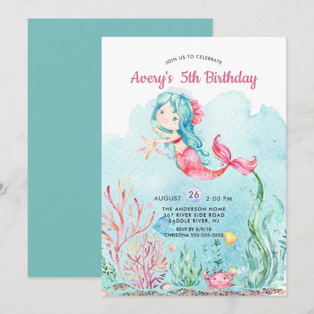 Cute Under the Sea Mermaid Invitation d'anniversai (Devant / Derrière)