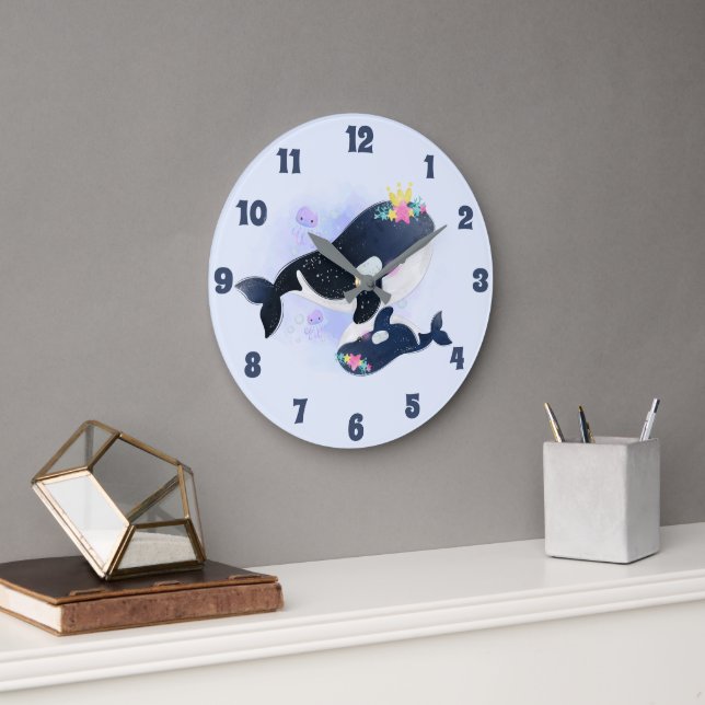 Cute Under the Sea Orca Floral Jellyfish Large Clock (Office)