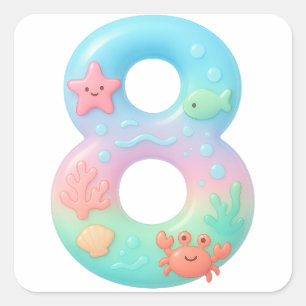 Cute Under The Sea Theme Cartoon Number 8 Square Sticker
