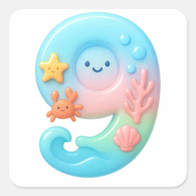 Cute Under The Sea Theme Cartoon Number 9 Square Sticker (Front)