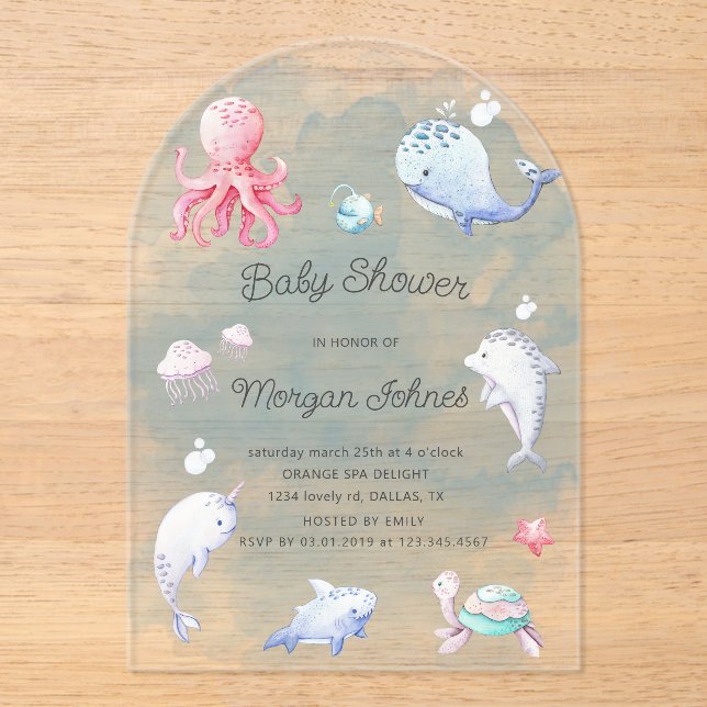Cute Under the Sea Watercolor Baby Shower Acrylic Invitations (Front)