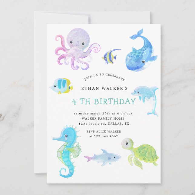 Cute under the sea watercolor Birthday Invitation (Front)