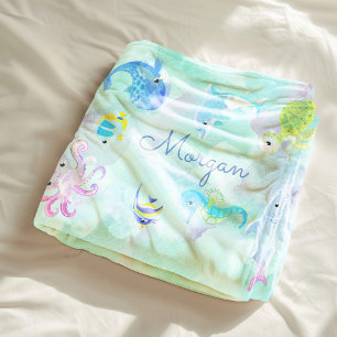Cute Under the Sea Watercolor Monogram Sherpa Blanket