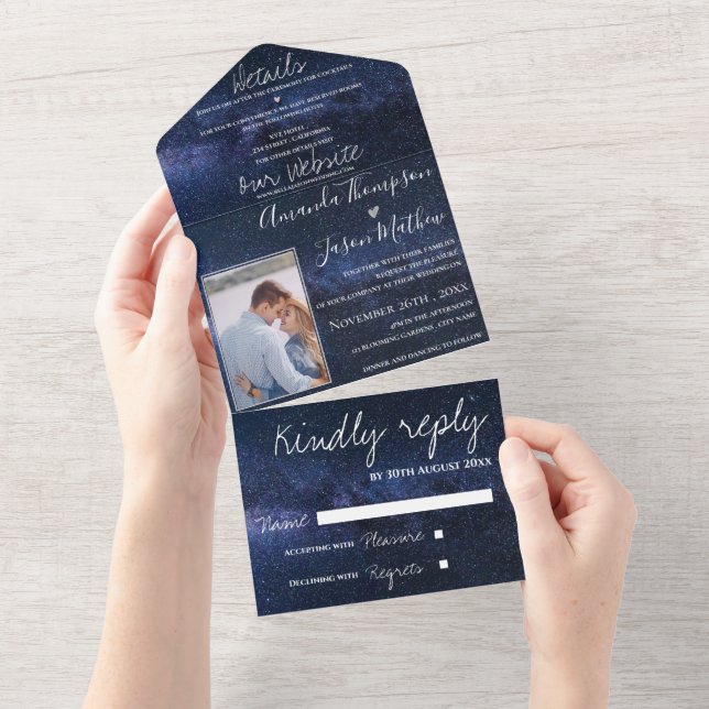 Cute Under The Stars Theme Monogram Photo Wedding All In One Invitation (Tearaway)