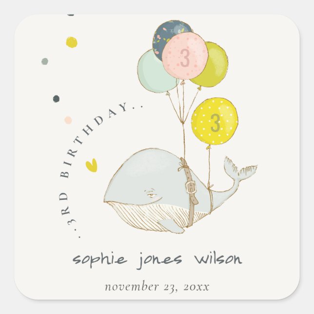 Cute Underwater Balloon Whale Heart Kids Birthday Square Sticker (Front)