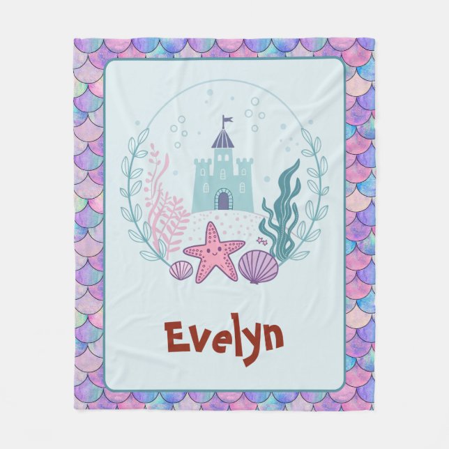 Cute Underwater Castle with Starfish and Seashells Fleece Blanket (Front)