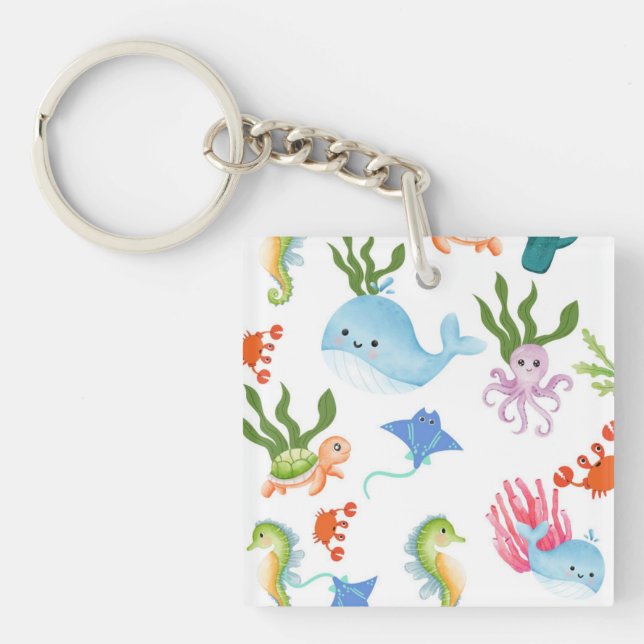 Cute Underwater Friends – Ocean Animals Pattern  Keychain (Front)