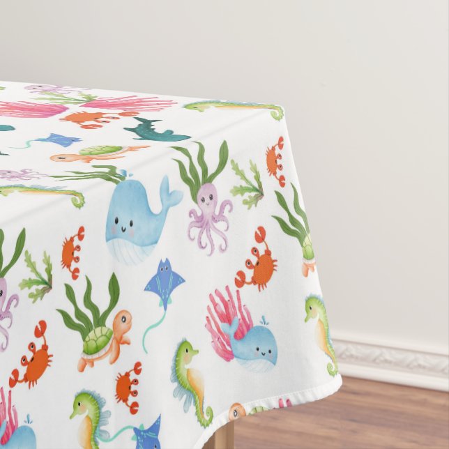 Cute Underwater Friends – Ocean Animals Pattern Tablecloth (In Situ)