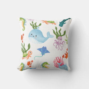 Cute Underwater Friends – Ocean Animals Pattern Throw Pillow