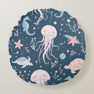 Cute Underwater Jellyfish and Sea Turtles Pattern  Round Pillow