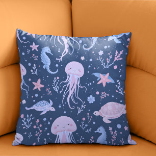 Cute Underwater Jellyfish and Sea Turtles Pattern  Throw Pillow