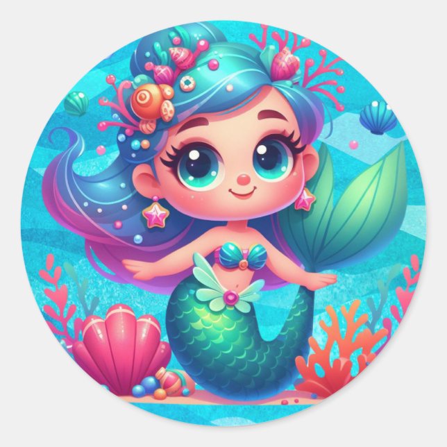 Cute underwater mermaid classic round sticker (Front)
