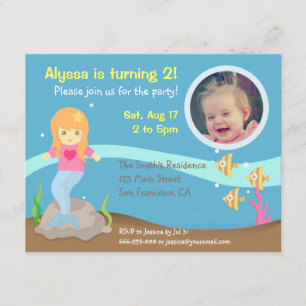 Cute Underwater Mermaid Girl Birthday Party Photo Invitation