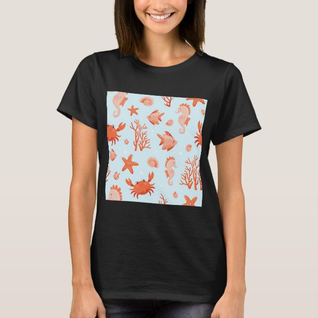 Cute Underwater Pattern with Sea Animals, Crab, St T-Shirt (Front)