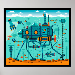 Cute Underwater Robot Scene Poster