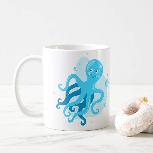 Cute underwater world. Ocean life. Blue Octopus Coffee Mug (With Donut)