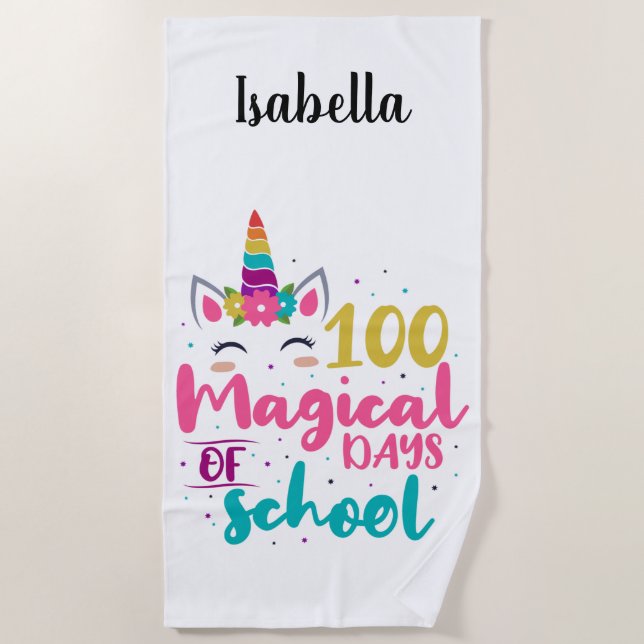 Cute Unicorn 100 Magical Days Of School Beach Towel (Front)