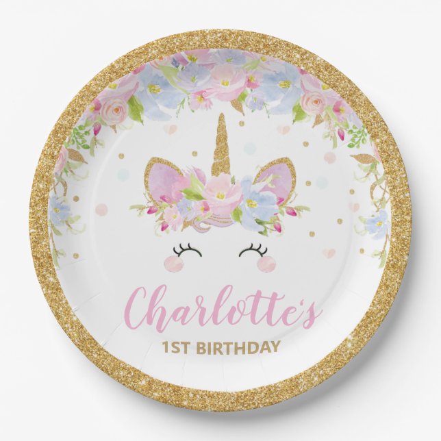 Cute Unicorn 1st Birthday Floral Whimsical Paper Plate (Front)