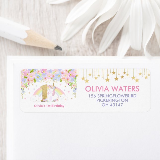 Cute Unicorn 1st Birthday Party Adresse de retour (En situation)