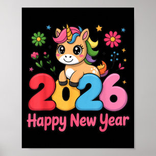 Cute Unicorn 2026 Horse Year Happy New Year Kawaii Poster