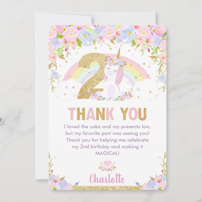 Cute Unicorn 2nd Birthday Rainbow Floral Thank You (Front)