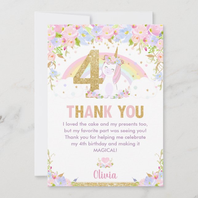 Cute Unicorn 4th Birthday Rainbow Floral Thank You Card (Front)
