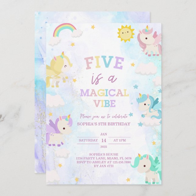 Cute Unicorn 5e anniversaire Invitation (Devant / Derrière)