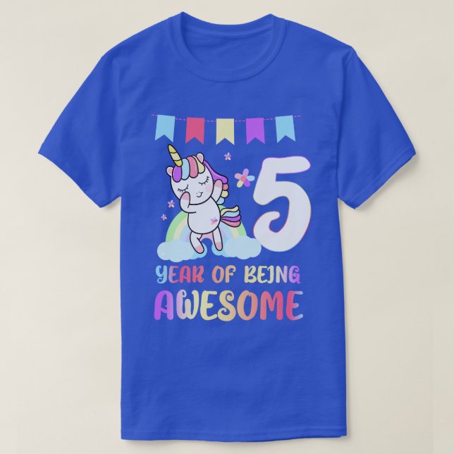 Cute Unicorn 5th Birthday 5 Year Of Being Awesome T-Shirt (Design Front)