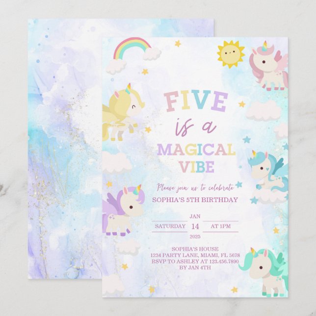 Cute Unicorn 5th Birthday Invitation (Front/Back)