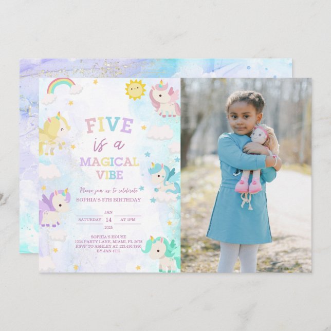 Cute Unicorn 5th Birthday Photo Invitation (Front/Back)