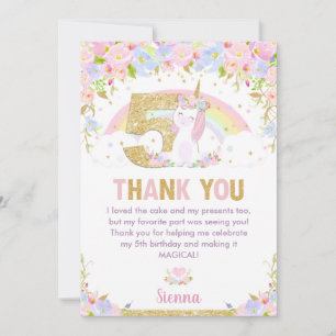 Cute Unicorn 5th Birthday Rainbow Floral Thank You Card