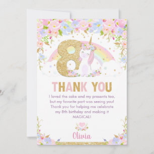 Cute Unicorn 8th Birthday Rainbow Floral Thank You Card