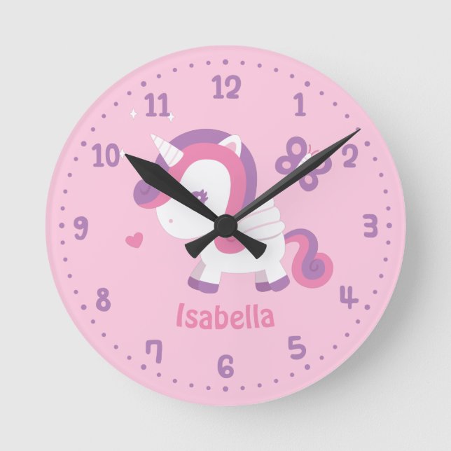 Cute Unicorn and Butterfly Girls Room Decor Round Clock (Front)