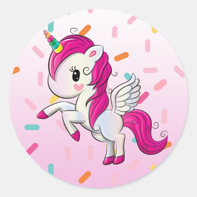 Cute Unicorn and Candy Sprinkles Classic Round Sticker (Front)