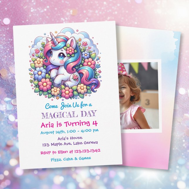 Cute Unicorn and Child's Photo Birthday Invitation (Creator Uploaded)