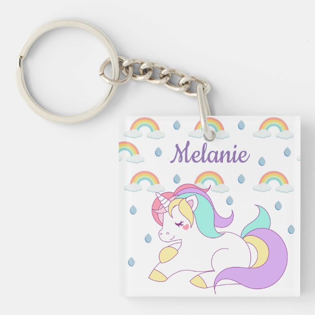 Cute Unicorn and Rainbows Personalised Keychain (Front)