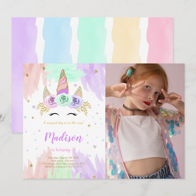 Cute Unicorn Anniversaire Photo Invitation (Devant / Derrière)
