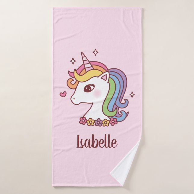 Cute Unicorn avec Rainbow Mane Girls Personnalisé (Serviette de bain)