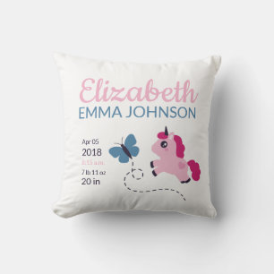 Cute Unicorn Baby Birth Stats Throw Pillow