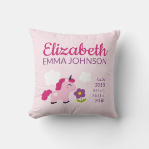 Cute Unicorn Baby Birth Stats Throw Pillow