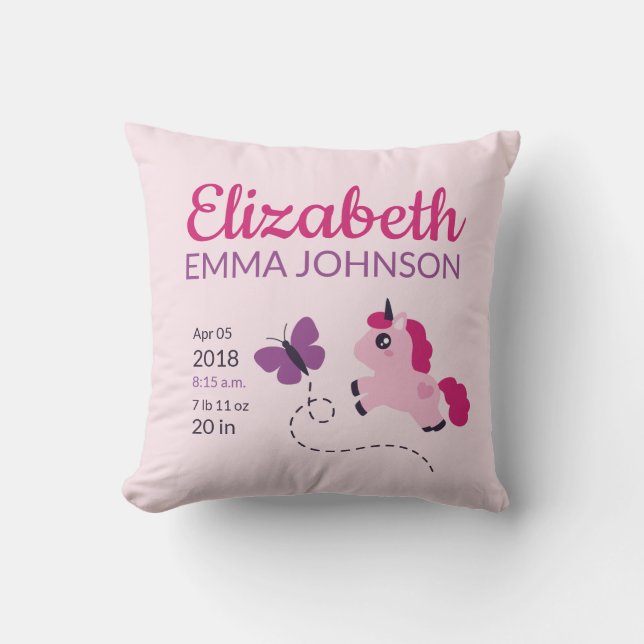 Cute Unicorn Baby Birth Stats Throw Pillow (Front)