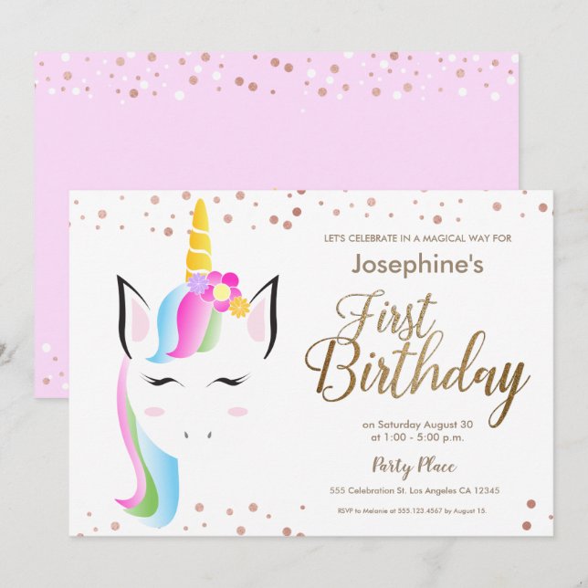 Cute Unicorn Baby Girl's First birthday Party Invitation (Front/Back)