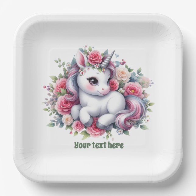Cute unicorn baby shower customizable paper plate (Front)