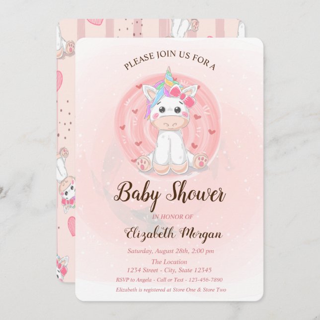 Cute Unicorn Baby Shower Invitation (Front/Back)