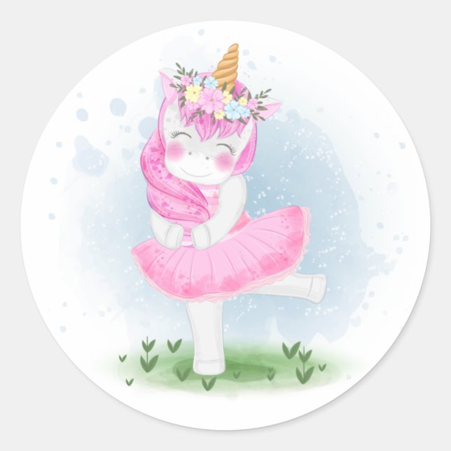 Cute Unicorn Ballerina with Flower Crown Classic Round Sticker (Front)