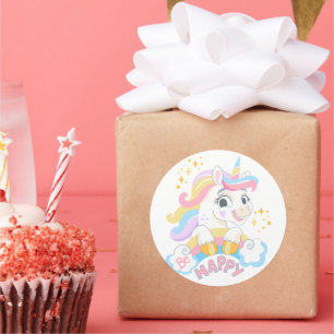 Cute unicorn Be Happy Classic Round Sticker