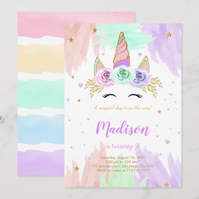 Cute Unicorn Birthday Invitation (Front/Back)
